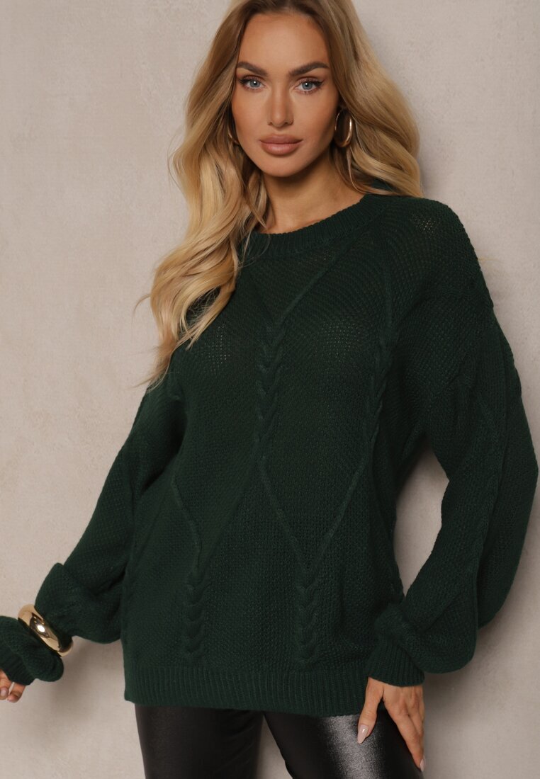 tricot station Pulover Verde închis cu Imprimeu Decorativ și Borduri Elastice Temariel