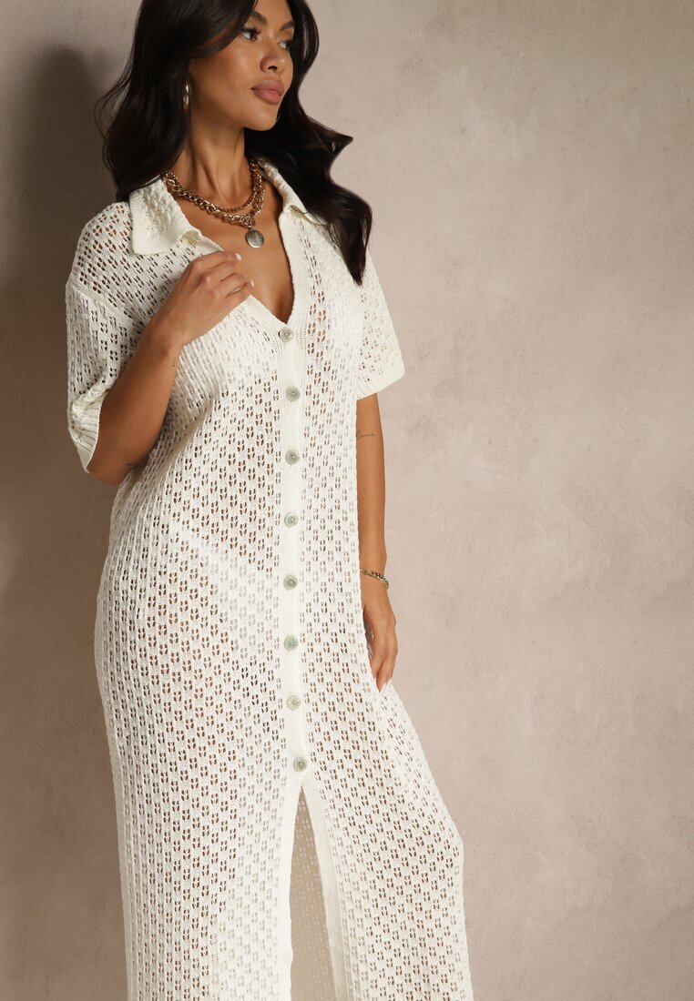 tricot station Rochie tip cămașă bej deschis din bumbac din plasă Folesia