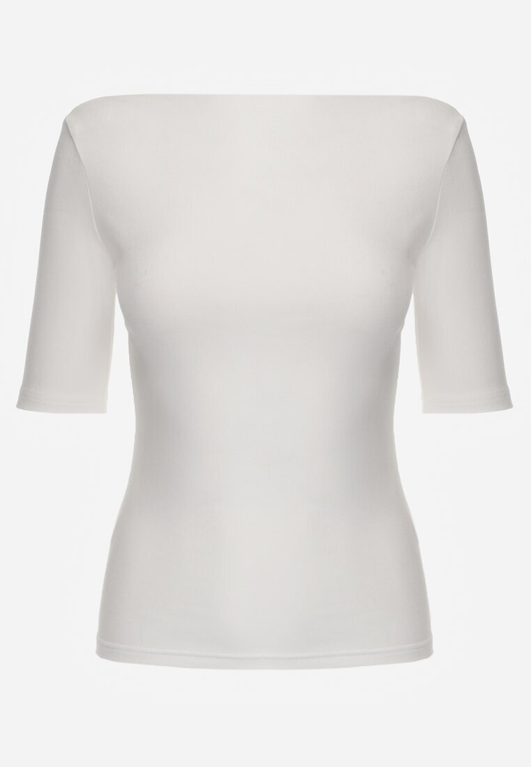  Tricou Alb Mulat din Viscoză cu Decolteu Bărcuță Vivianna