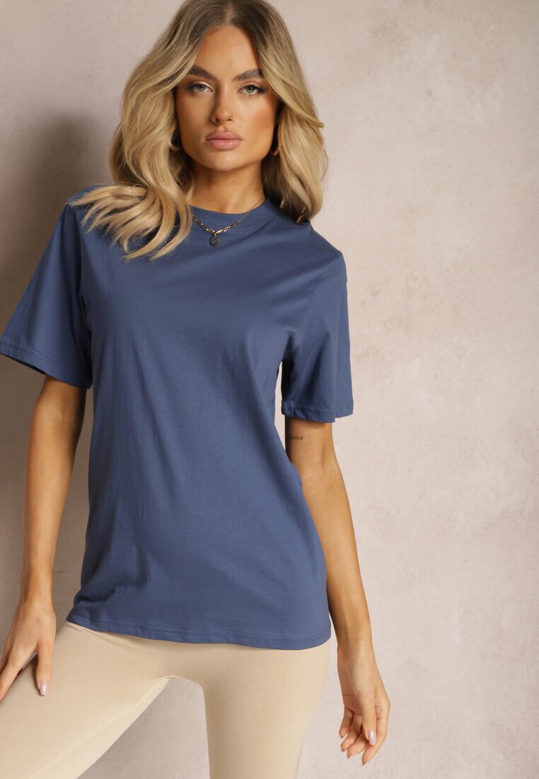  Tricou bleumarin clasic din bumbac cu mâneci suflecate Oboea