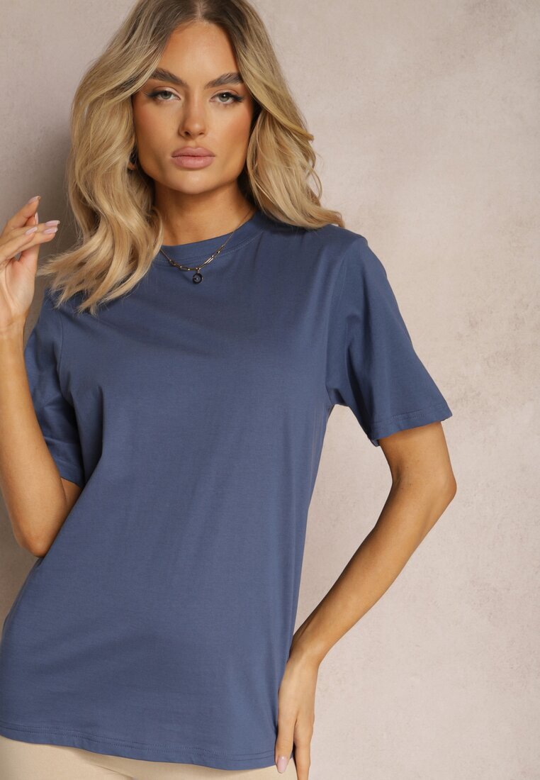  Tricou bleumarin clasic din bumbac cu mâneci suflecate Oboea