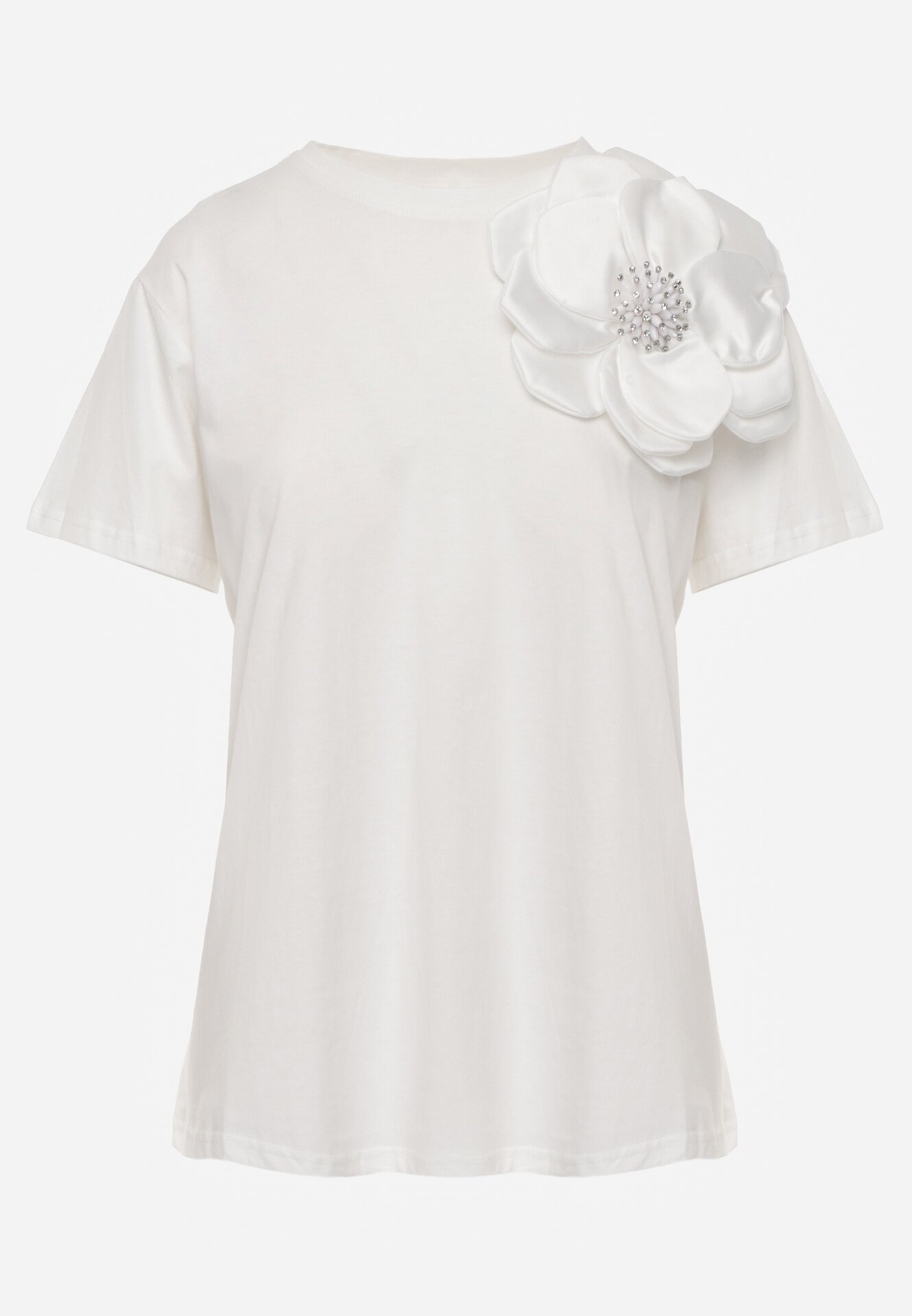  Tricou Bluză Alb din Bumbac cu Mânecă Scurtă și Aplicație Florală Dimasa