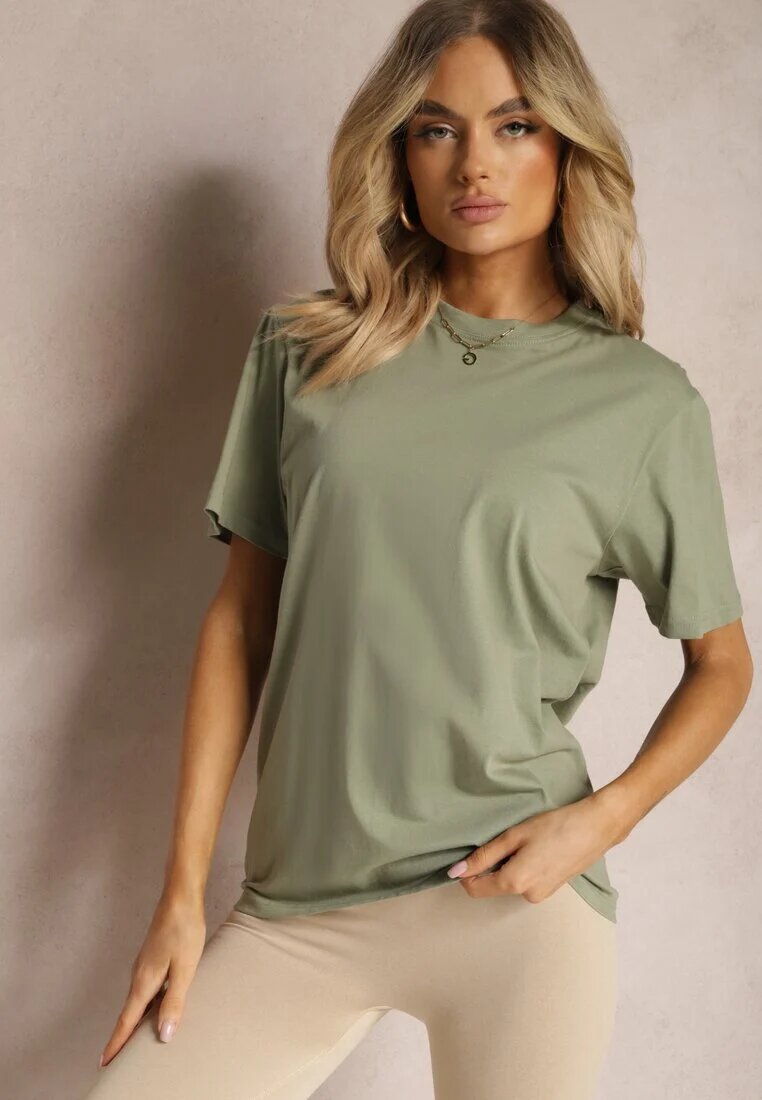  Tricou Clasic Verde din Bumbac cu Mâneci Suflecate Oboea