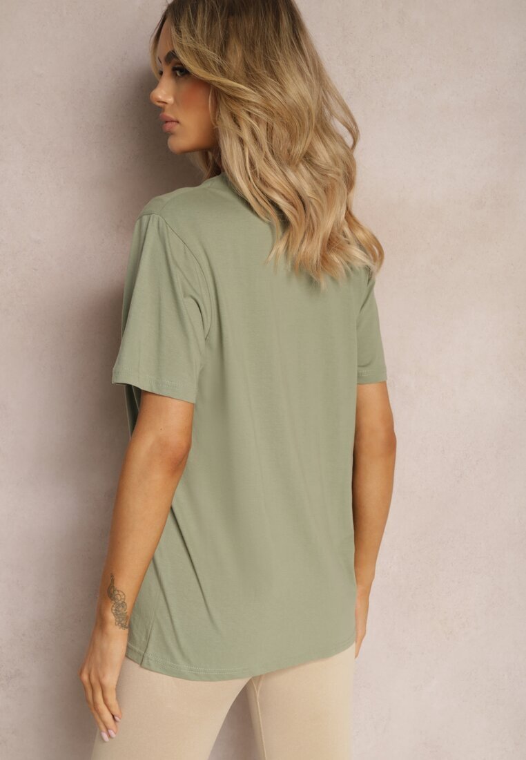  Tricou Clasic Verde din Bumbac cu Mâneci Suflecate Oboea