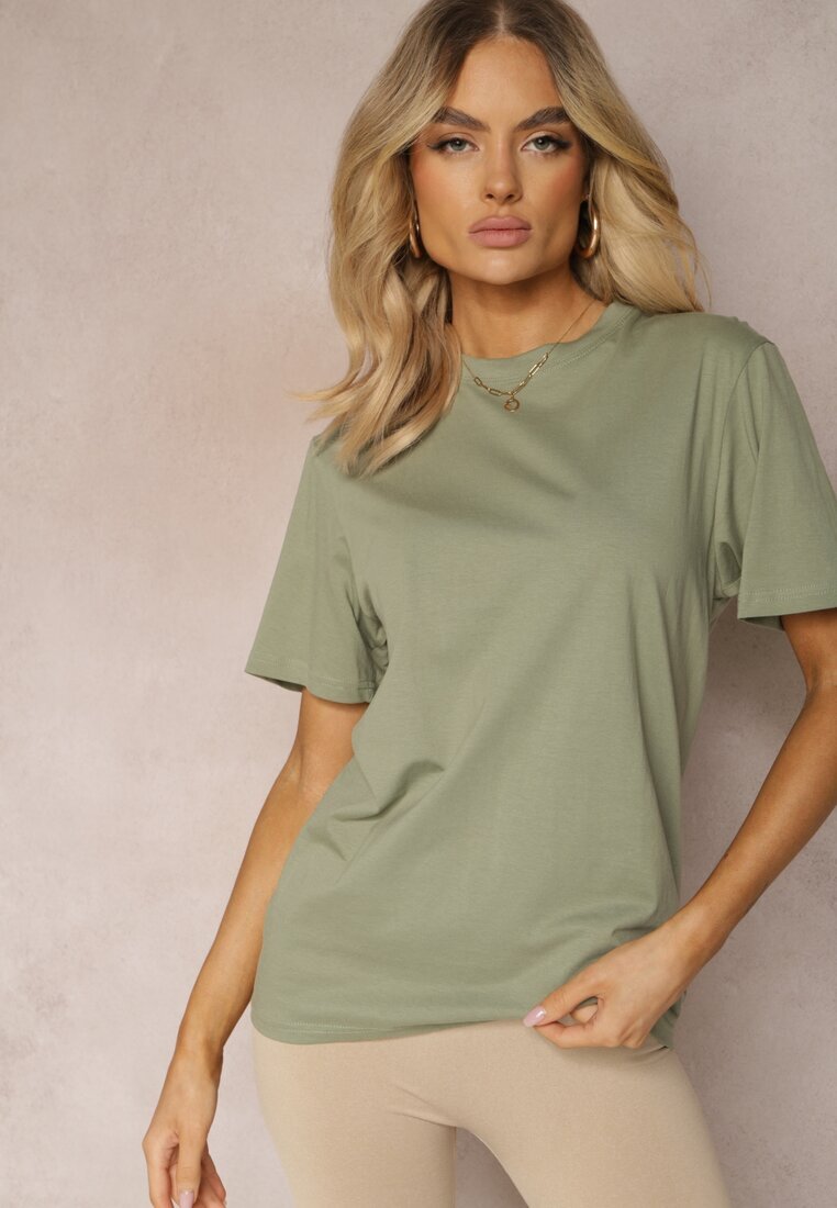  Tricou Clasic Verde din Bumbac cu Mâneci Suflecate Oboea