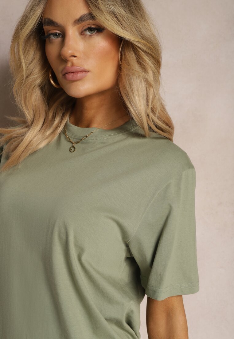  Tricou Clasic Verde din Bumbac cu Mâneci Suflecate Oboea