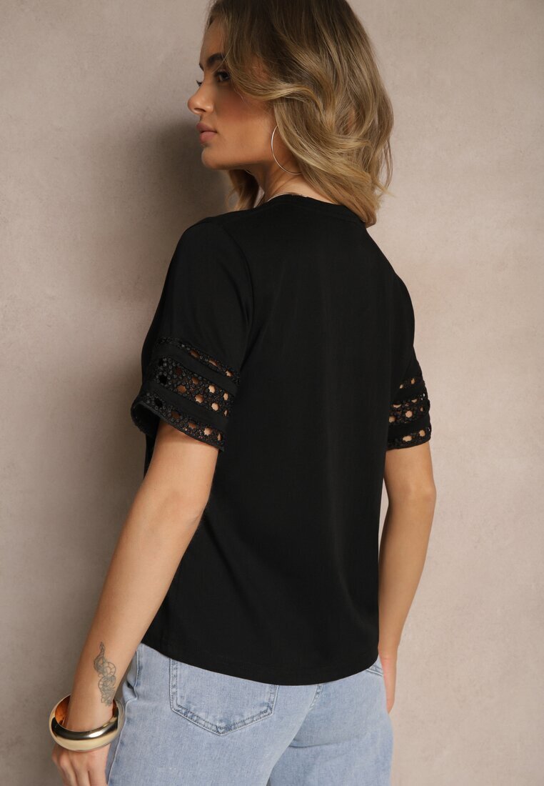  Tricou Negru Din bumbac Cu mâneci ajurate Zolreia