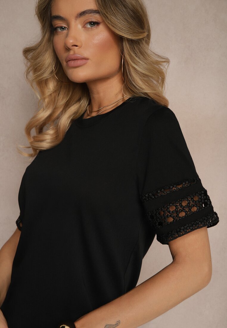 Tricou Negru Din bumbac Cu mâneci ajurate Zolreia