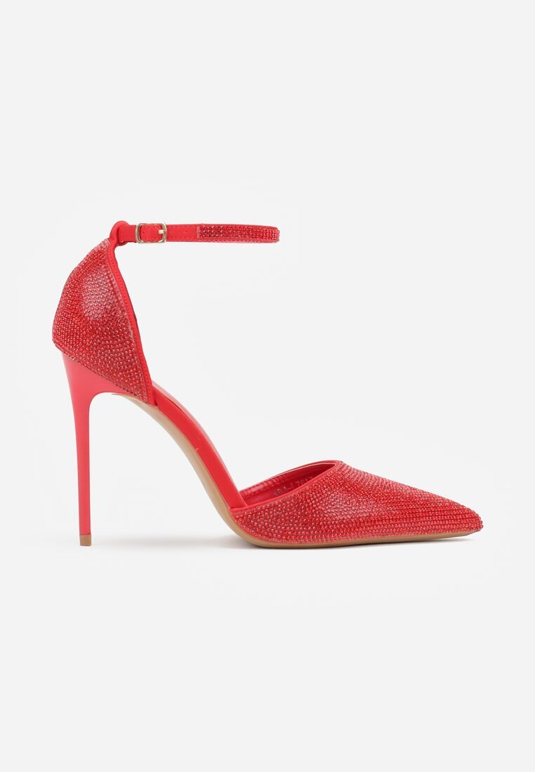 tulipano Pantofi stiletto roșii decorați cu zirconii și curea cu cataramă Eweda