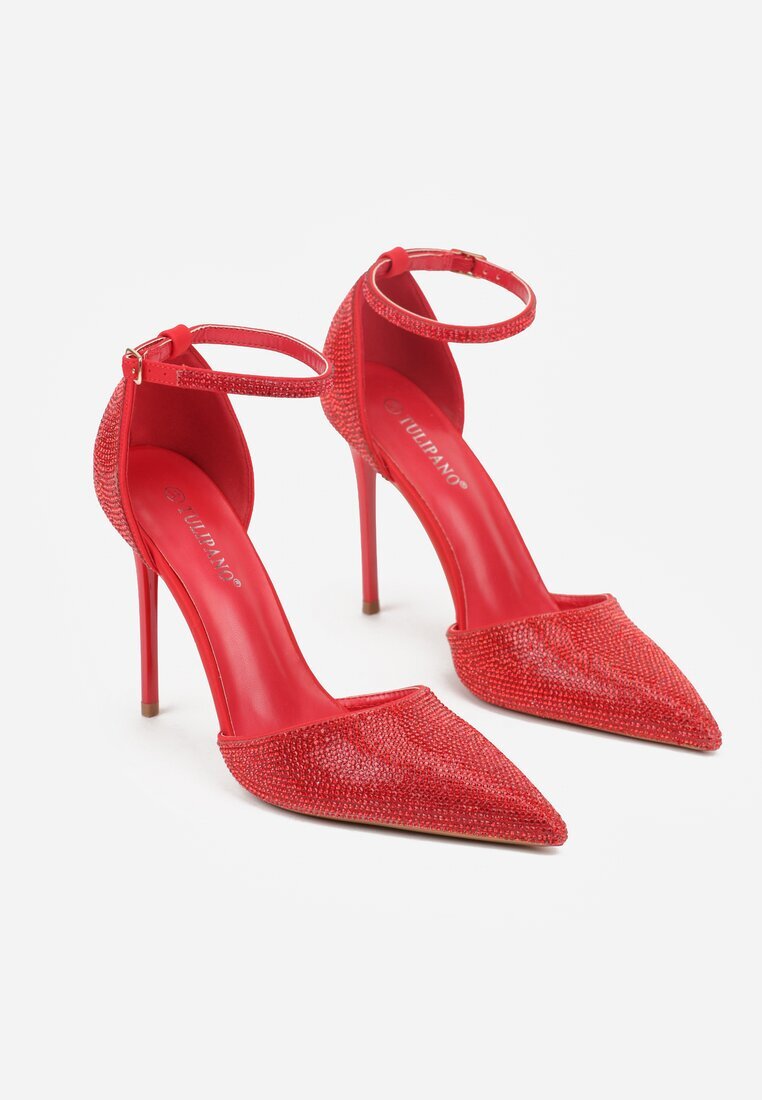 tulipano Pantofi stiletto roșii decorați cu zirconii și curea cu cataramă Eweda