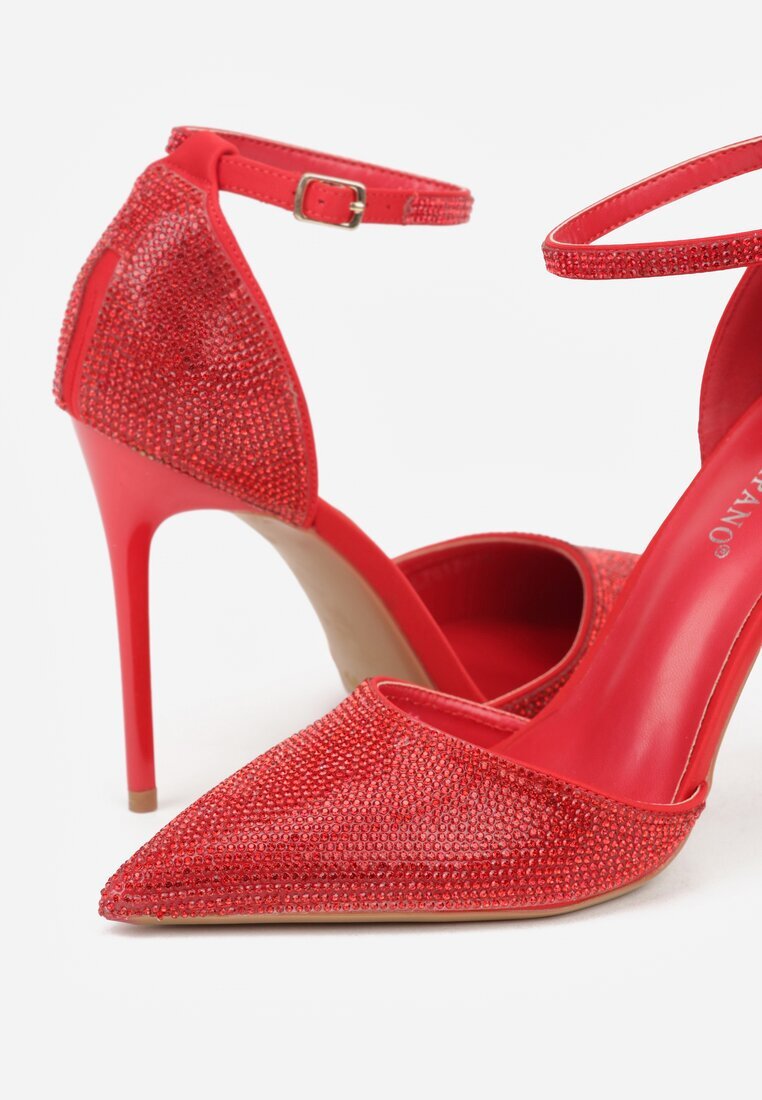 tulipano Pantofi stiletto roșii decorați cu zirconii și curea cu cataramă Eweda