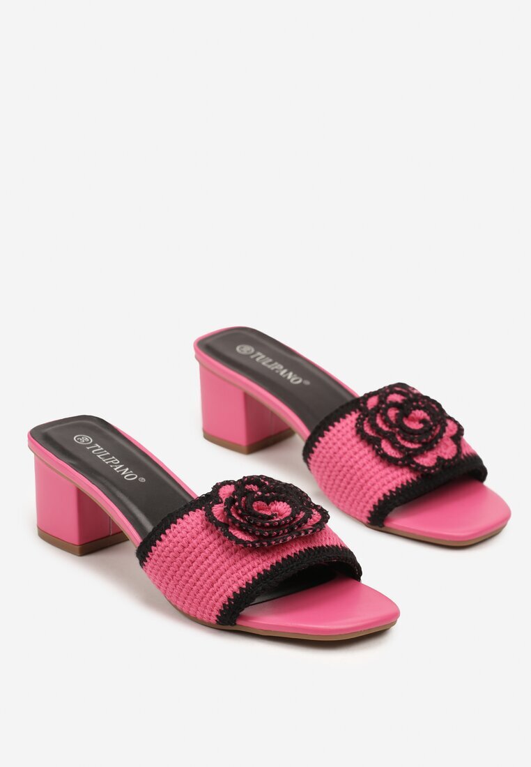 tulipano Papuci Fucsia cu Toc Gros cu Parte Superioară Croșetată cu Floare Idara