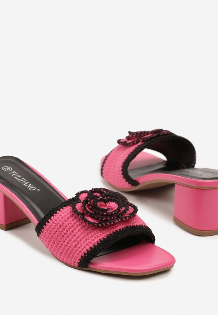 tulipano Papuci Fucsia cu Toc Gros cu Parte Superioară Croșetată cu Floare Idara