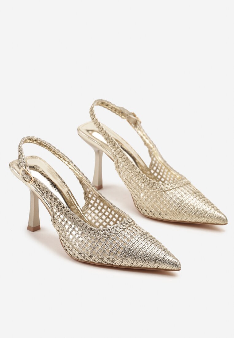 tulipano Sandale Aurii cu Toc Stiletto Tip Slingback Decorate cu Împletitură Meranoria