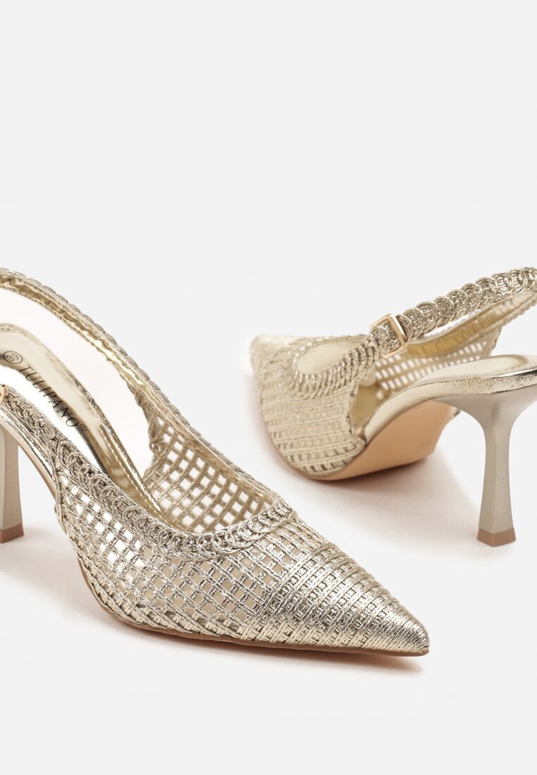 tulipano Sandale Aurii cu Toc Stiletto Tip Slingback Decorate cu Împletitură Meranoria
