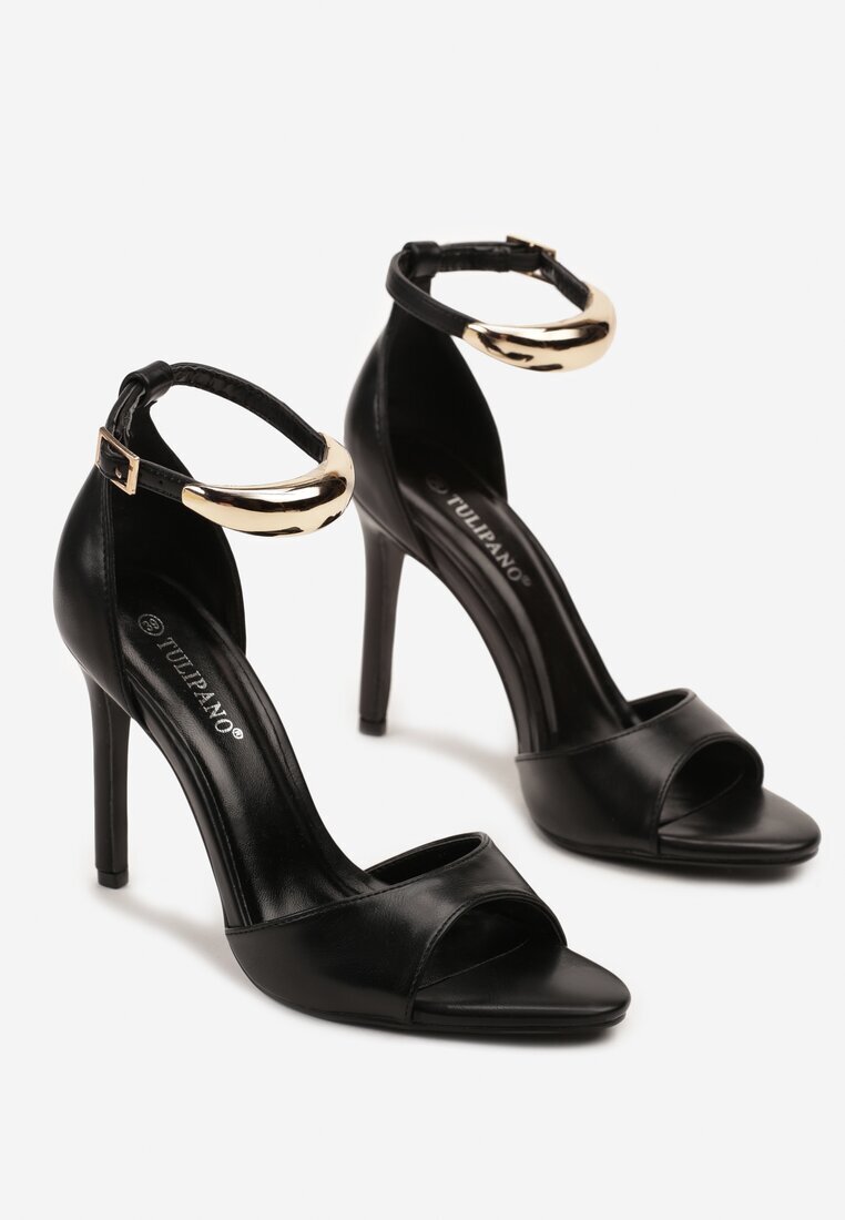 tulipano Sandale pe Toc Stiletto Negre cu Decorație Elegantă la Gleznă Idarelle