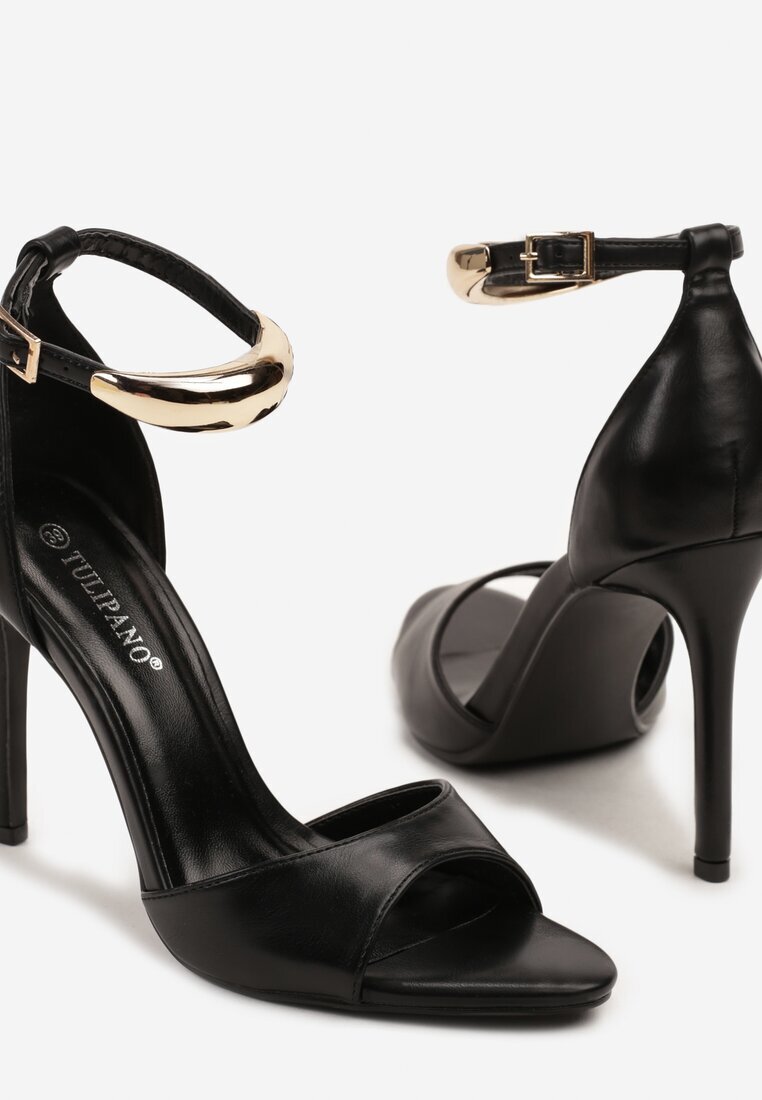 tulipano Sandale pe Toc Stiletto Negre cu Decorație Elegantă la Gleznă Idarelle