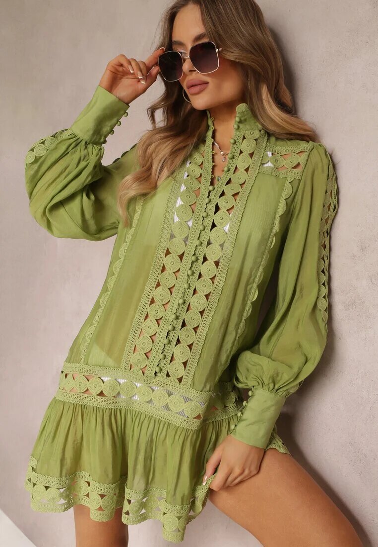  Tunică Dantelată Verde Lejeră cu Volan Nawal