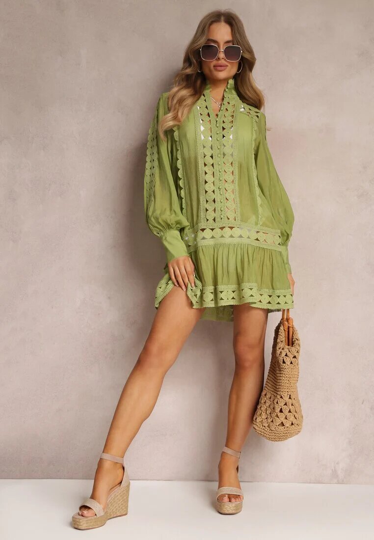  Tunică Dantelată Verde Lejeră cu Volan Nawal