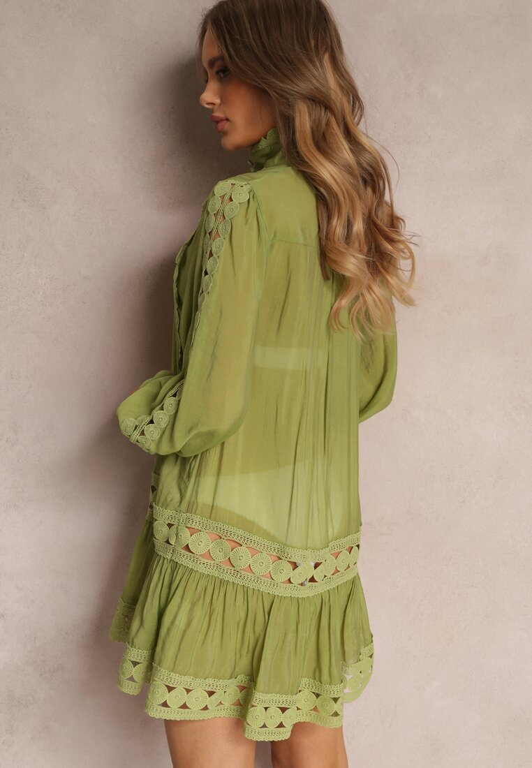  Tunică Dantelată Verde Lejeră cu Volan Nawal