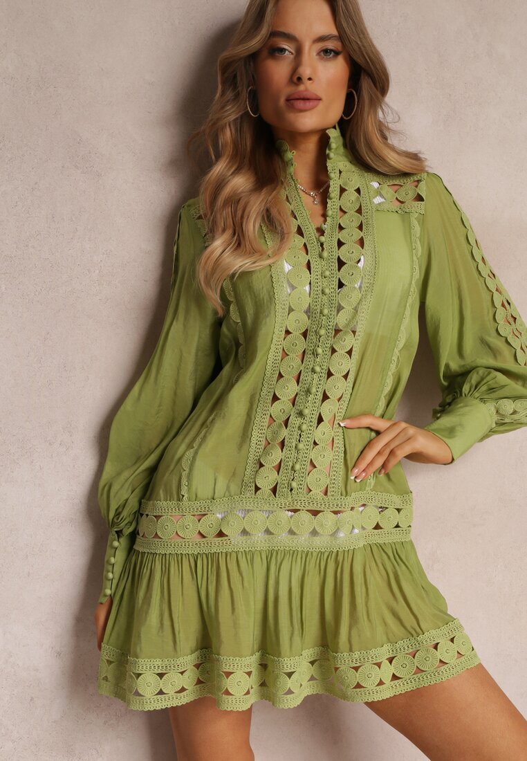  Tunică Dantelată Verde Lejeră cu Volan Nawal