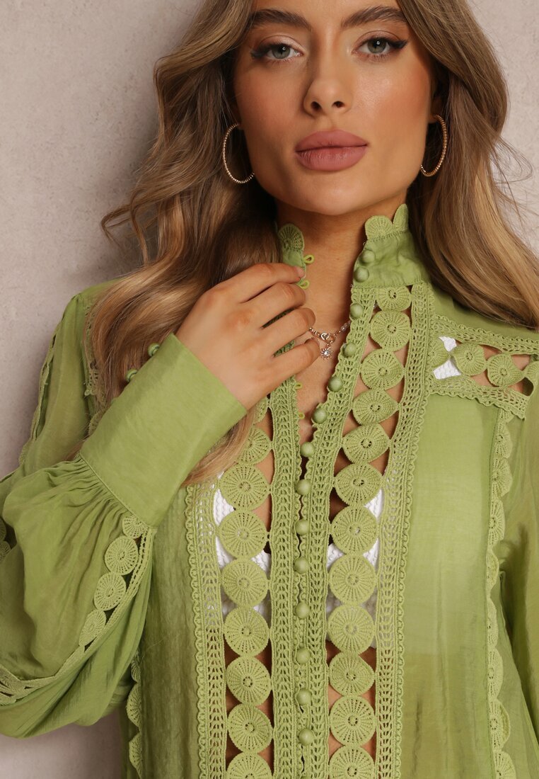  Tunică Dantelată Verde Lejeră cu Volan Nawal