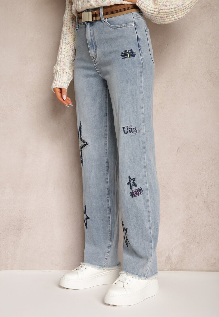 uiuj Blugi Largi Albastru deschis cu Talie Regulară și Broderii Decorative cu Stele Arialah