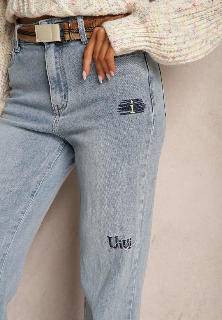 uiuj Blugi Largi Albastru deschis cu Talie Regulară și Broderii Decorative cu Stele Arialah