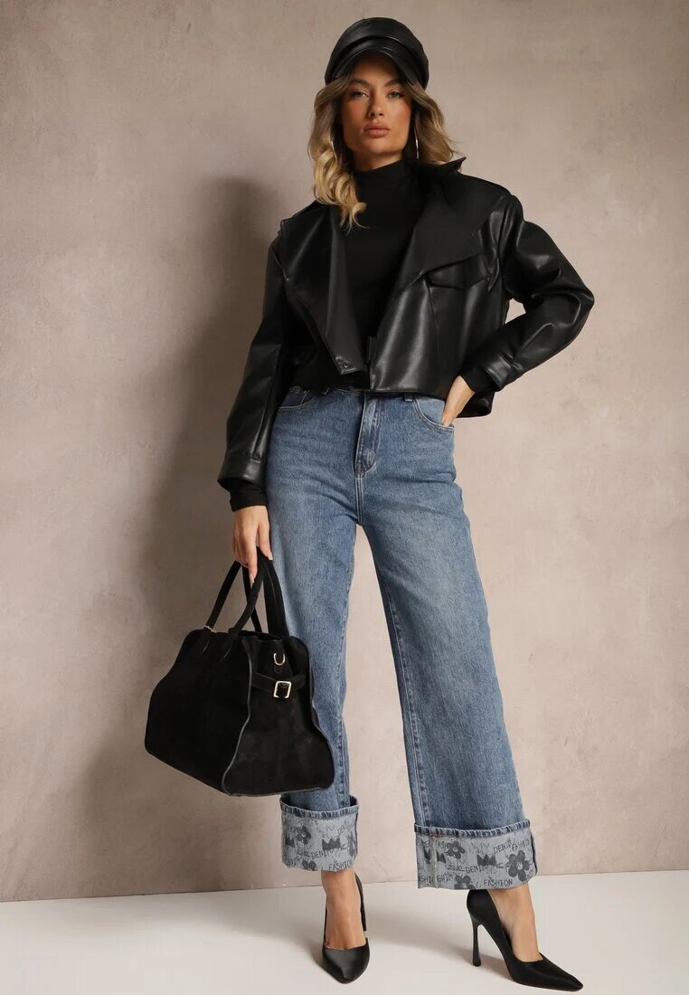 uiuj Jeans Albaștri Talie înaltă cu Craci Lărgi întoarși decorativ cu Curea Loroma