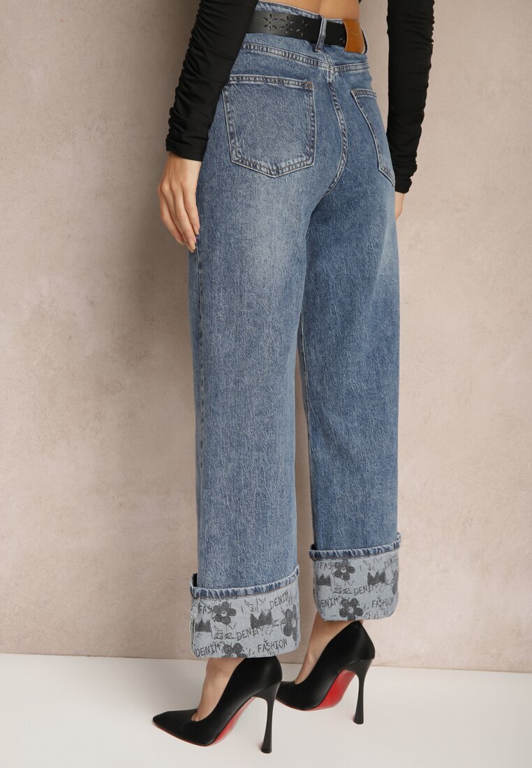 uiuj Jeans Albaștri Talie înaltă cu Craci Lărgi întoarși decorativ cu Curea Loroma