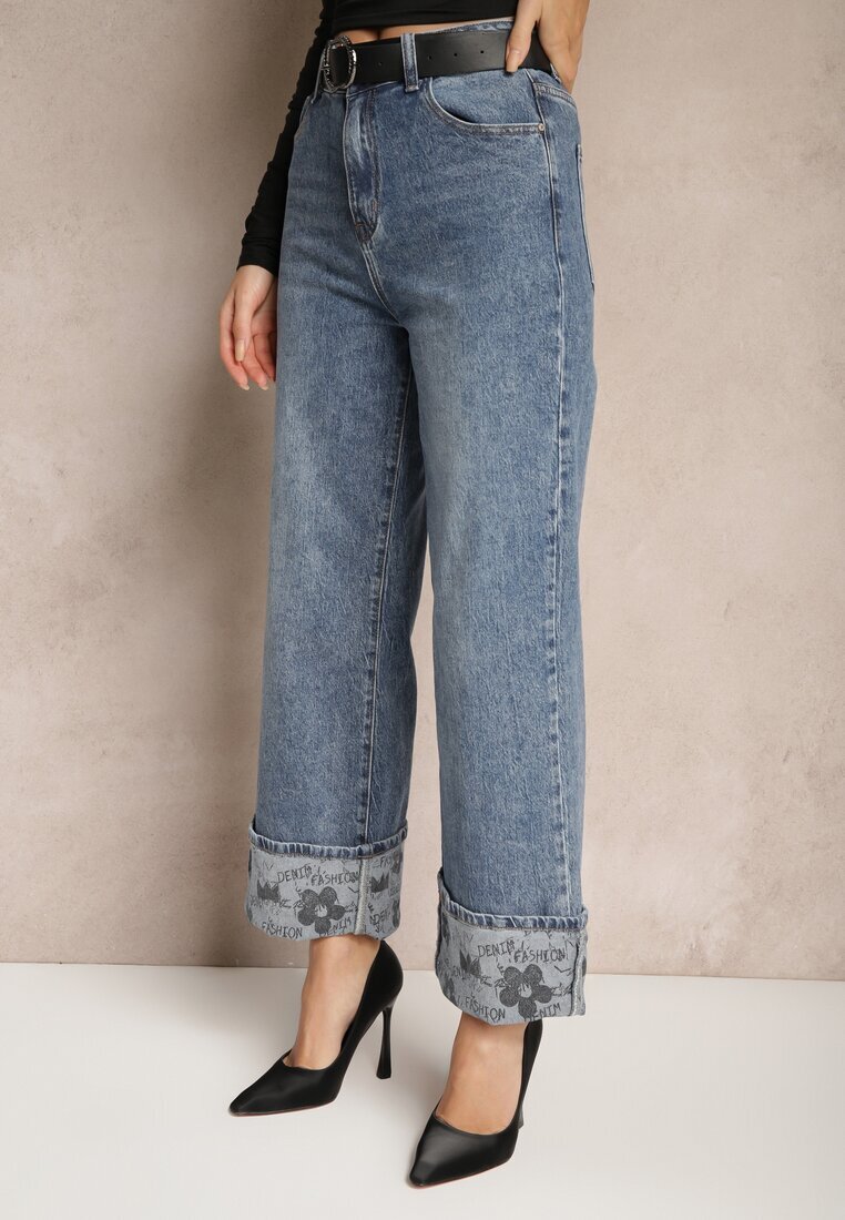 uiuj Jeans Albaștri Talie înaltă cu Craci Lărgi întoarși decorativ cu Curea Loroma