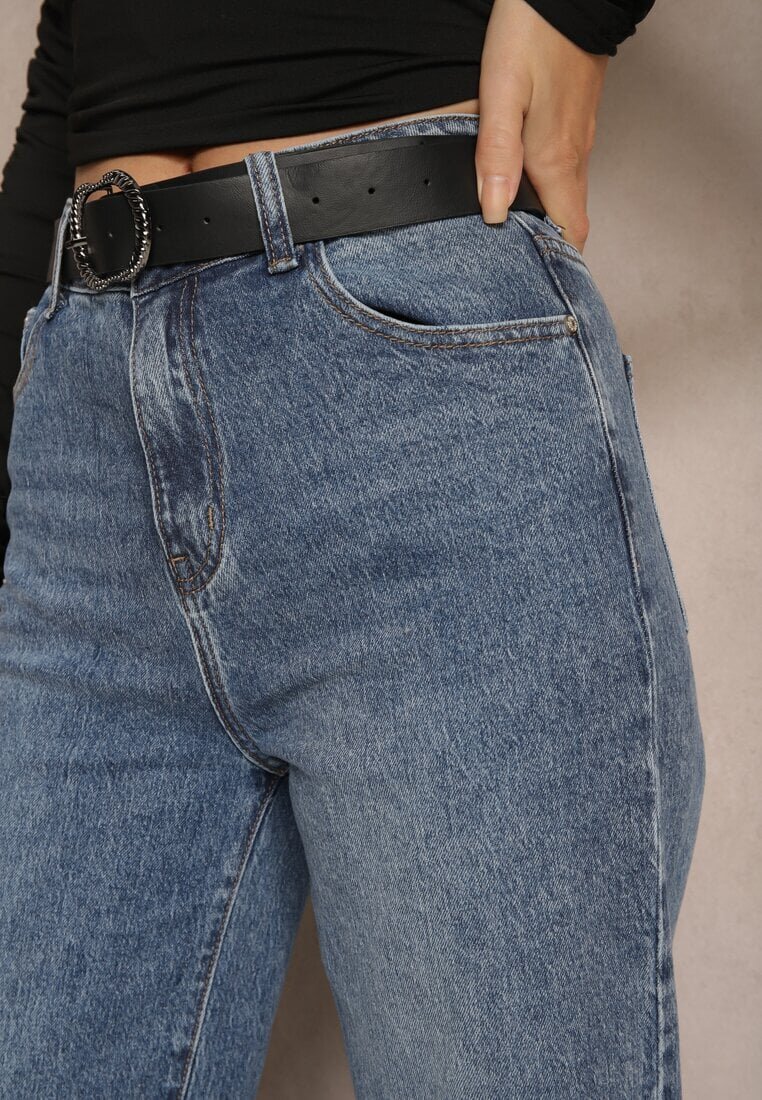 uiuj Jeans Albaștri Talie înaltă cu Craci Lărgi întoarși decorativ cu Curea Loroma