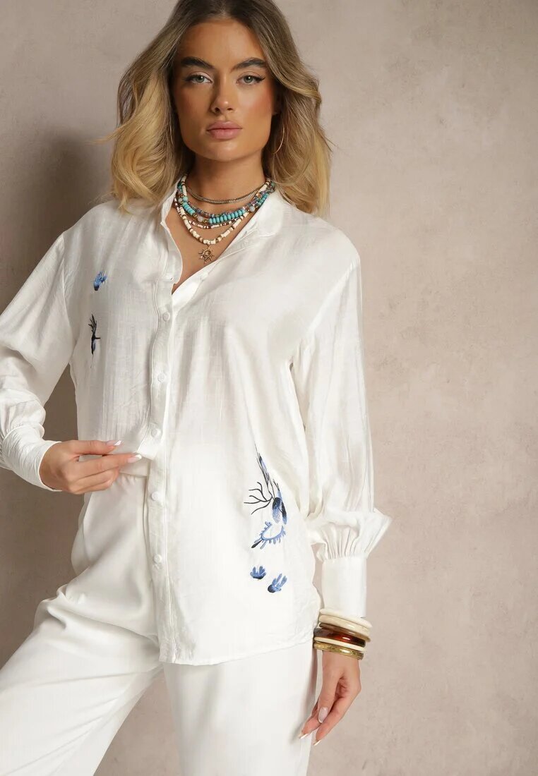 unigirl Cămașă Clasic Albă din Viscoză cu Decorațiuni Brodate Korolena