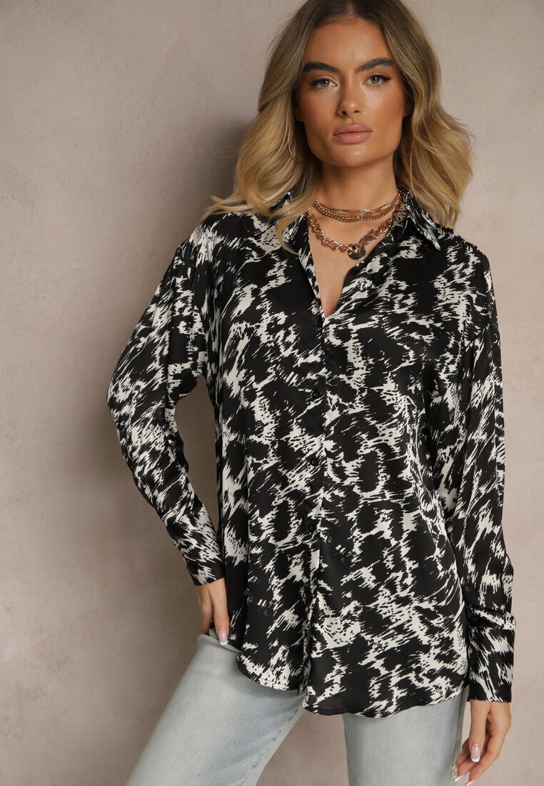 unigirl Cămașă Negru-Albă cu croială lungă decorată cu model abstract Koriassa