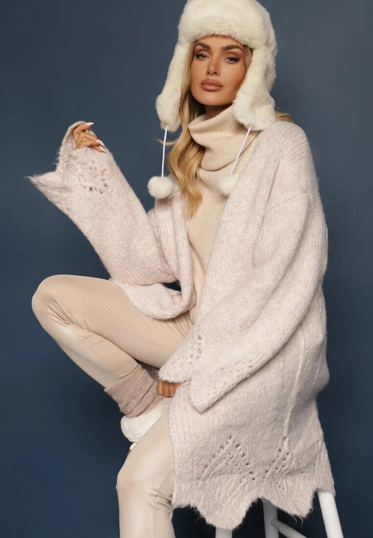 unigirl Cardigan Bej deschis cu Lână Decorat cu Buzunare inserate și Motiv ajurat Elliosia