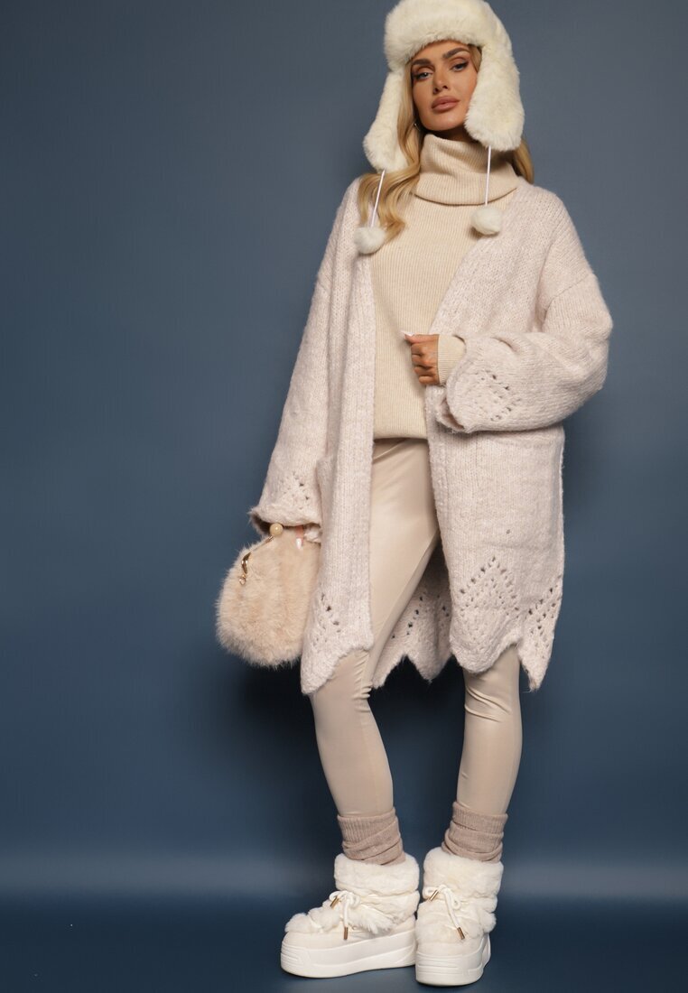 unigirl Cardigan Bej deschis cu Lână Decorat cu Buzunare inserate și Motiv ajurat Elliosia
