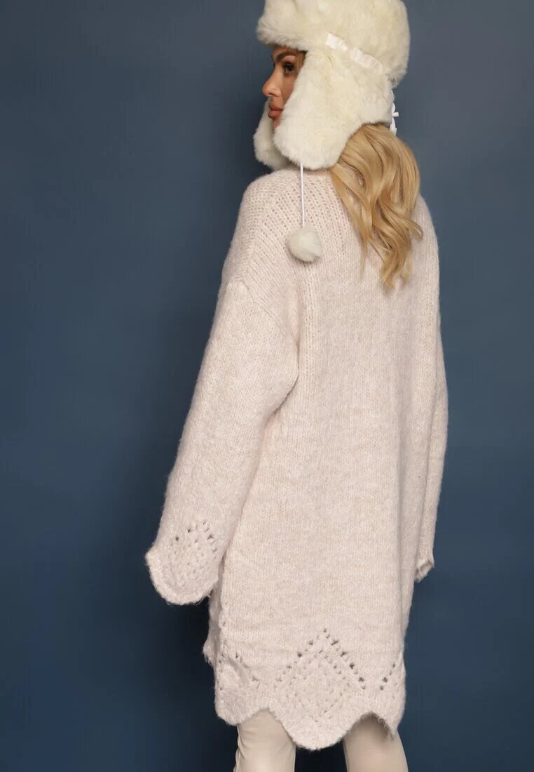 unigirl Cardigan Bej deschis cu Lână Decorat cu Buzunare inserate și Motiv ajurat Elliosia