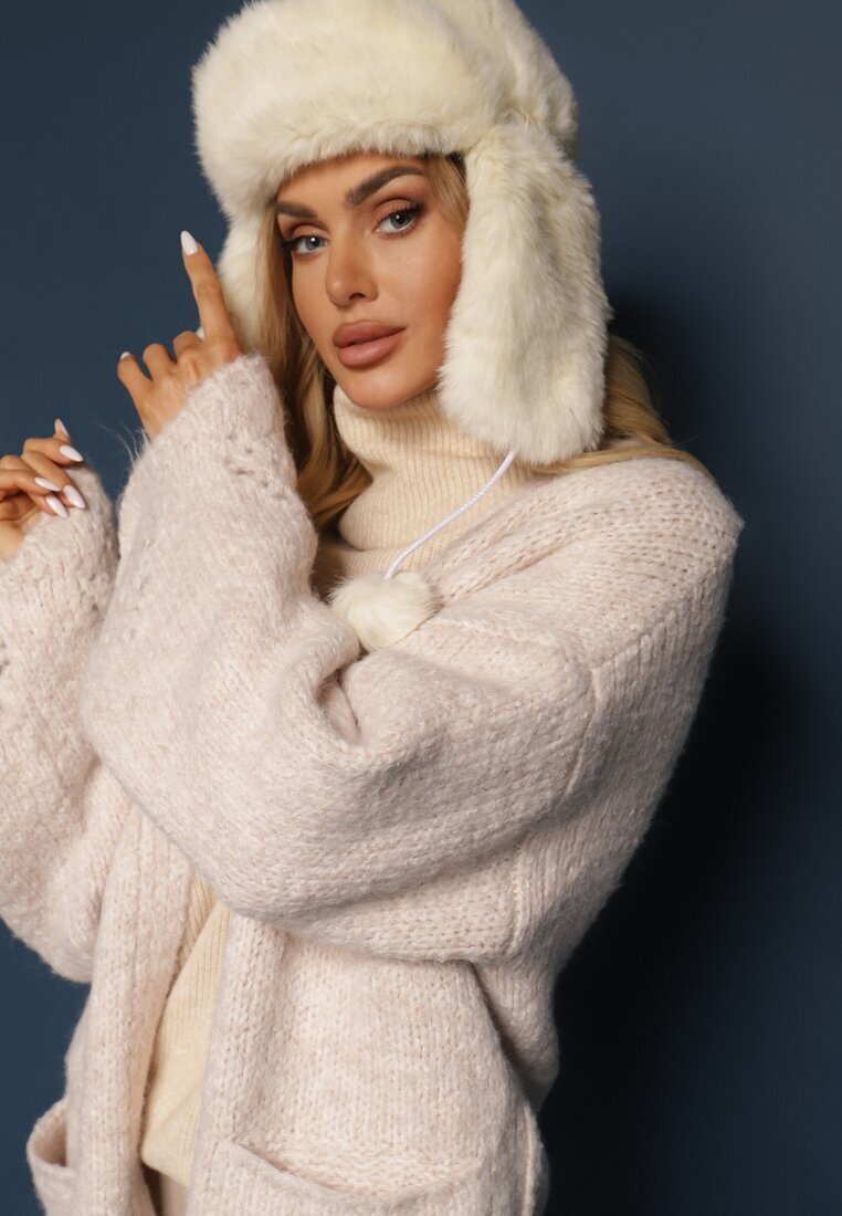 unigirl Cardigan Bej deschis cu Lână Decorat cu Buzunare inserate și Motiv ajurat Elliosia