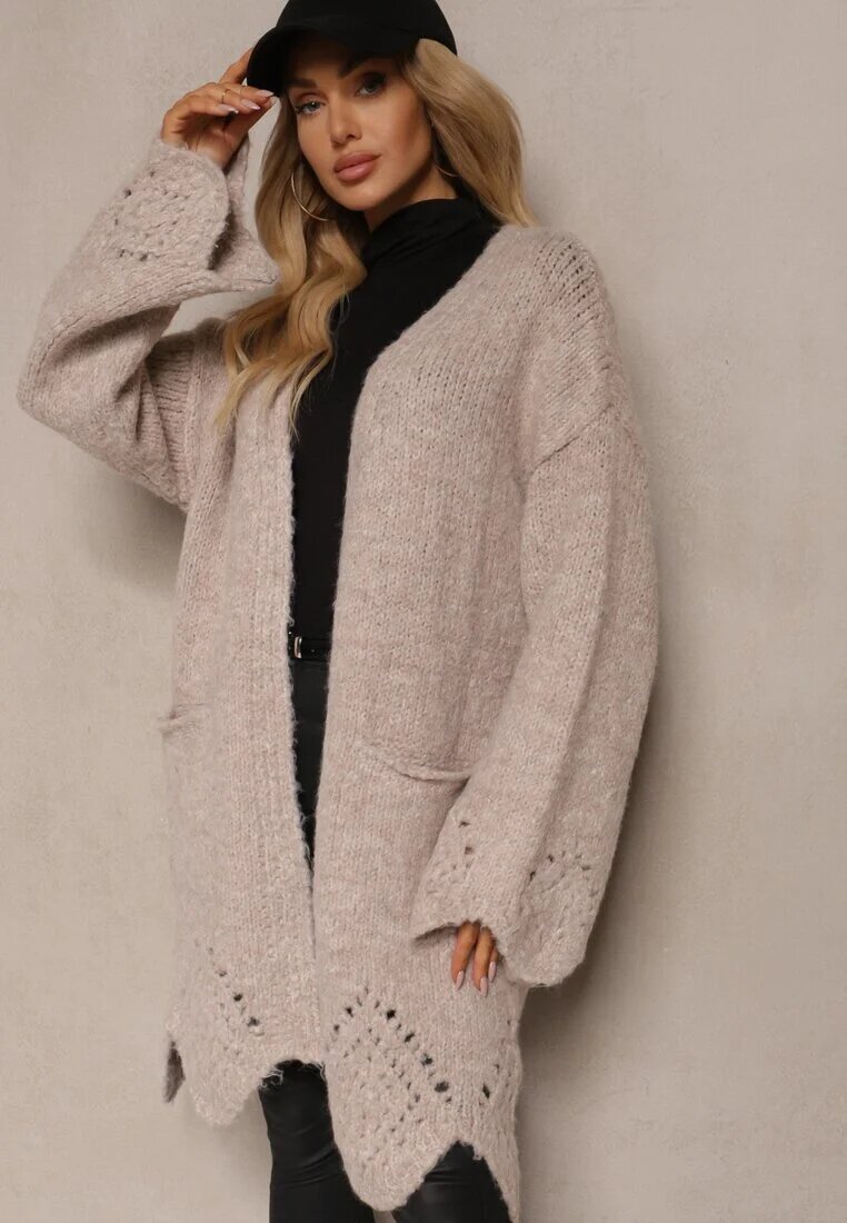 unigirl Cardigan Bej din Lână Decorat cu Buzunare laterale și Motiv Ajurat Elliosia