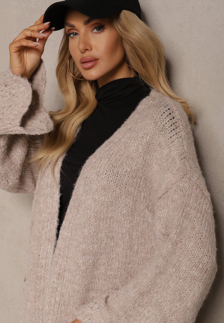 unigirl Cardigan Bej din Lână Decorat cu Buzunare laterale și Motiv Ajurat Elliosia