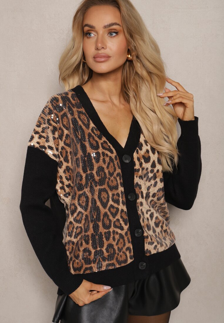 unigirl Cardigan Negru-Bej cu Vâscoză cu Imprimeu Leopard Decorat cu Paiete Transparente Calattia
