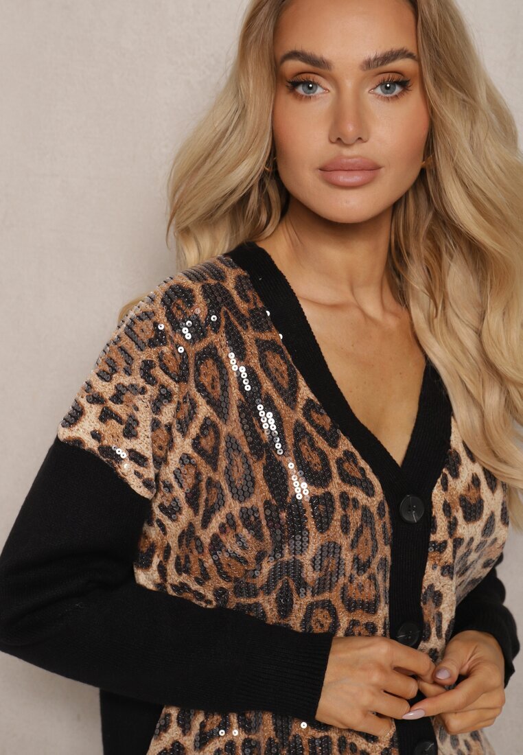unigirl Cardigan Negru-Bej cu Vâscoză cu Imprimeu Leopard Decorat cu Paiete Transparente Calattia