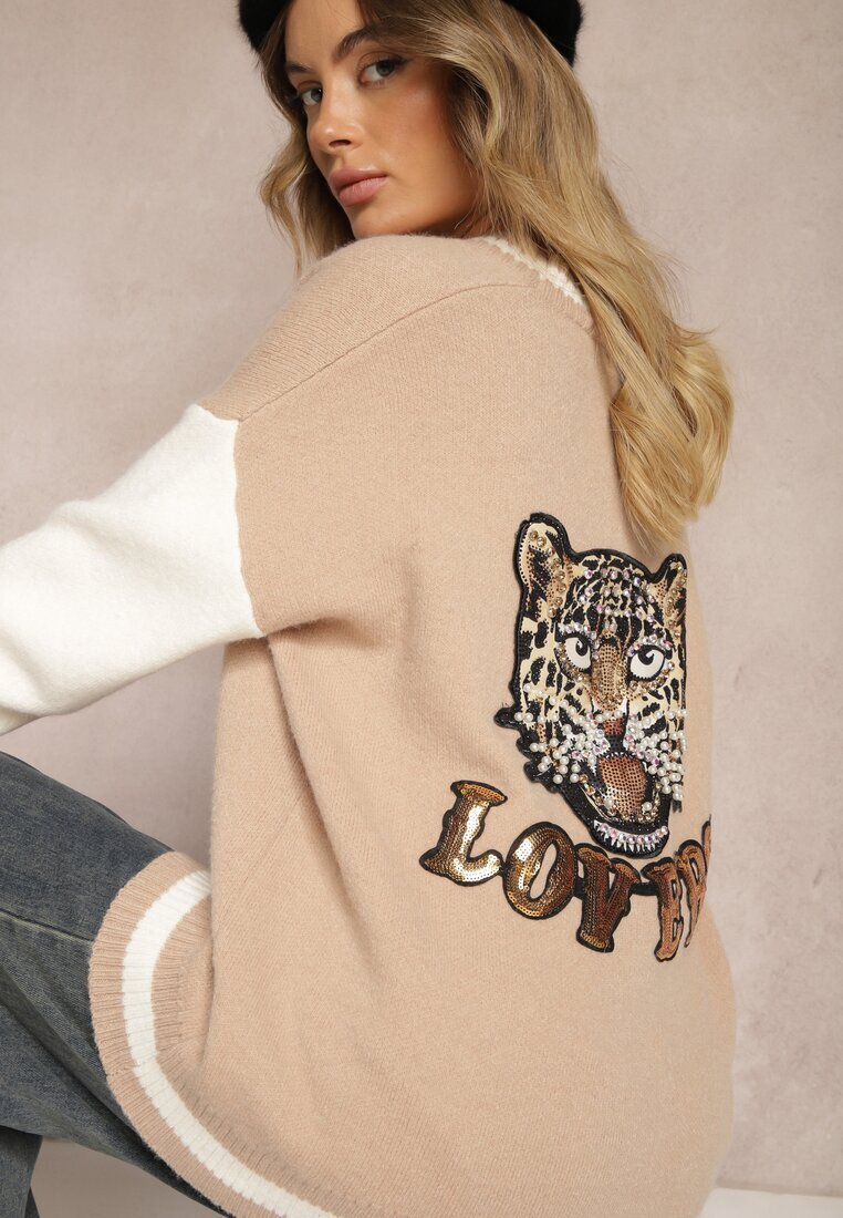 unigirl Cardigan Retro Bej cu Aplicații Decorative cu Sclipiri Vialida