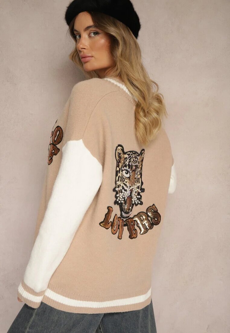 unigirl Cardigan Retro Bej cu Aplicații Decorative cu Sclipiri Vialida