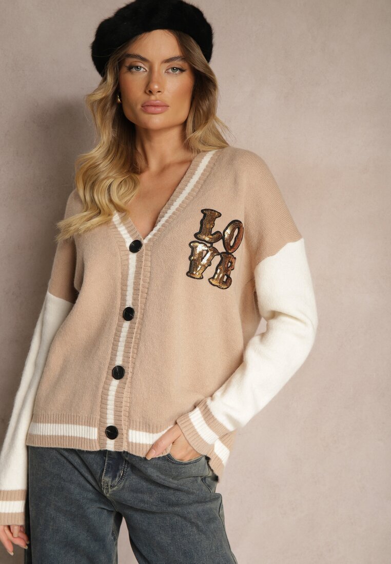 unigirl Cardigan Retro Bej cu Aplicații Decorative cu Sclipiri Vialida