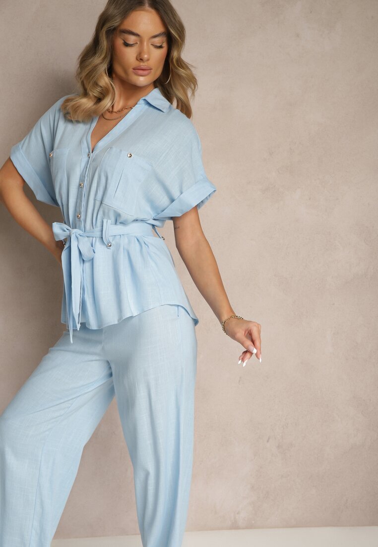 unigirl Compleu Albastru din Bumbac Pantaloni și Cămașă cu Curea Rinaretea