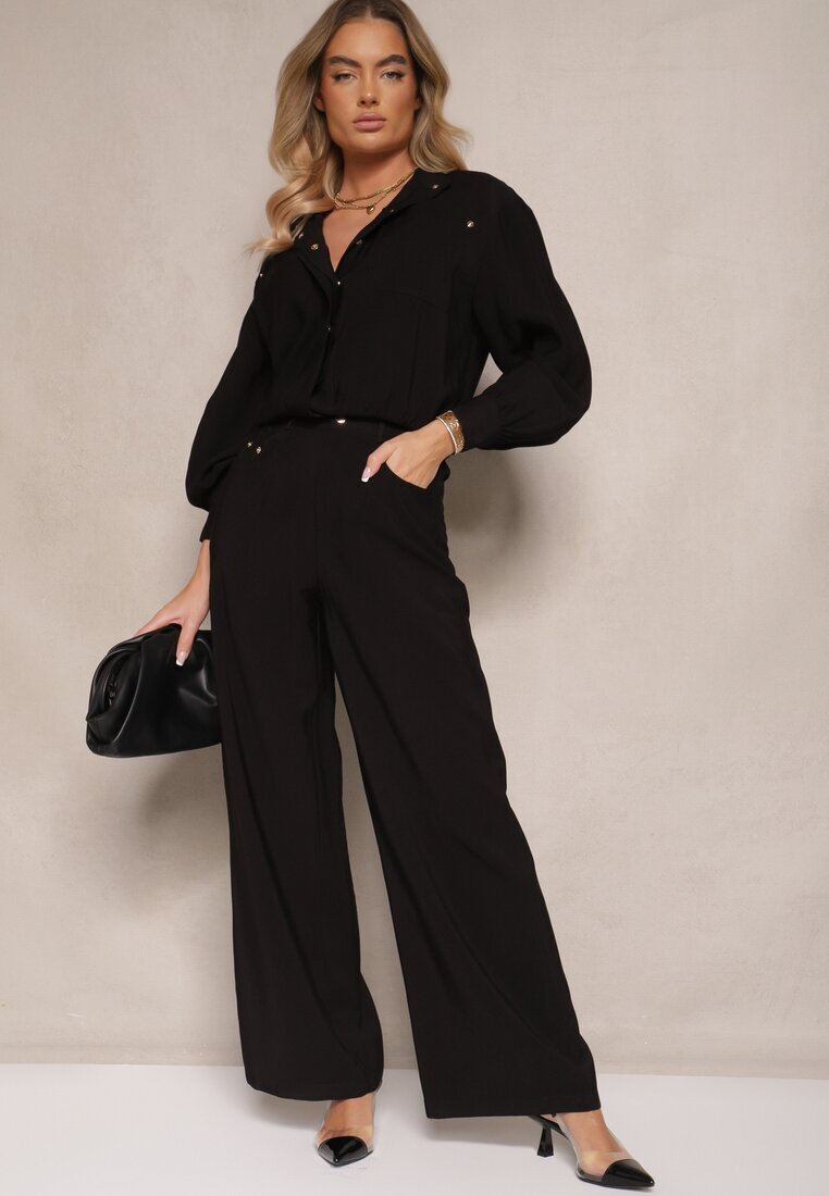 unigirl Compleu Negru din Viscoză Jachetă cu Guler Înalt și Pantaloni cu Croială Largă Anoilla