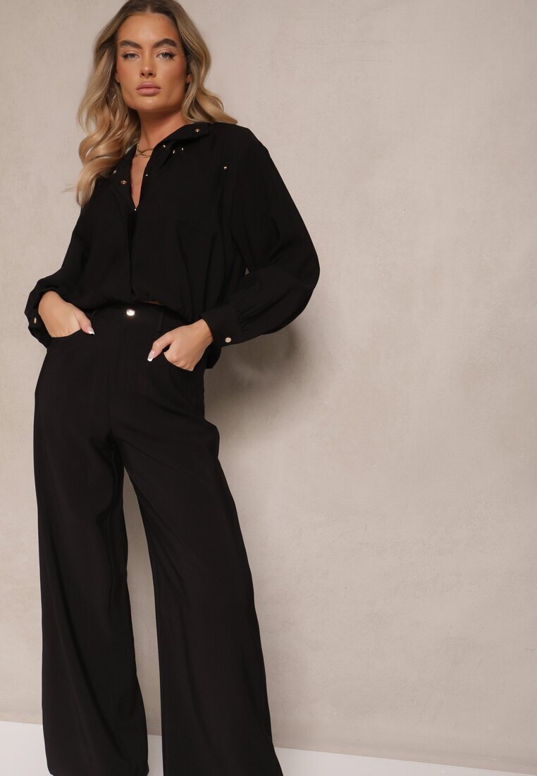 unigirl Compleu Negru din Viscoză Jachetă cu Guler Înalt și Pantaloni cu Croială Largă Anoilla