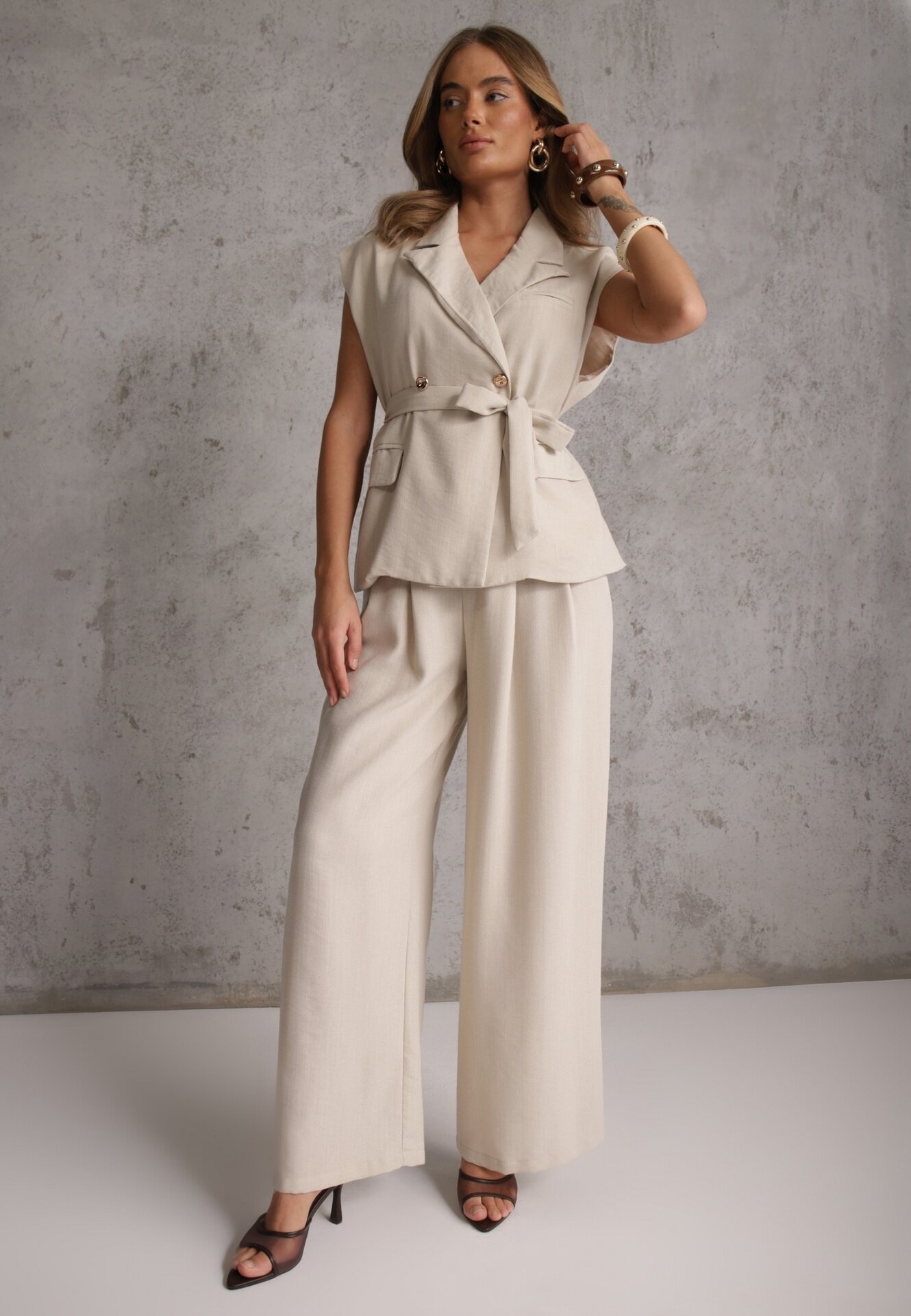 unigirl Compleu Tip Costum Bej Vâscoză Pantaloni Wide Leg și Vestă cu Cordon Elyenryl