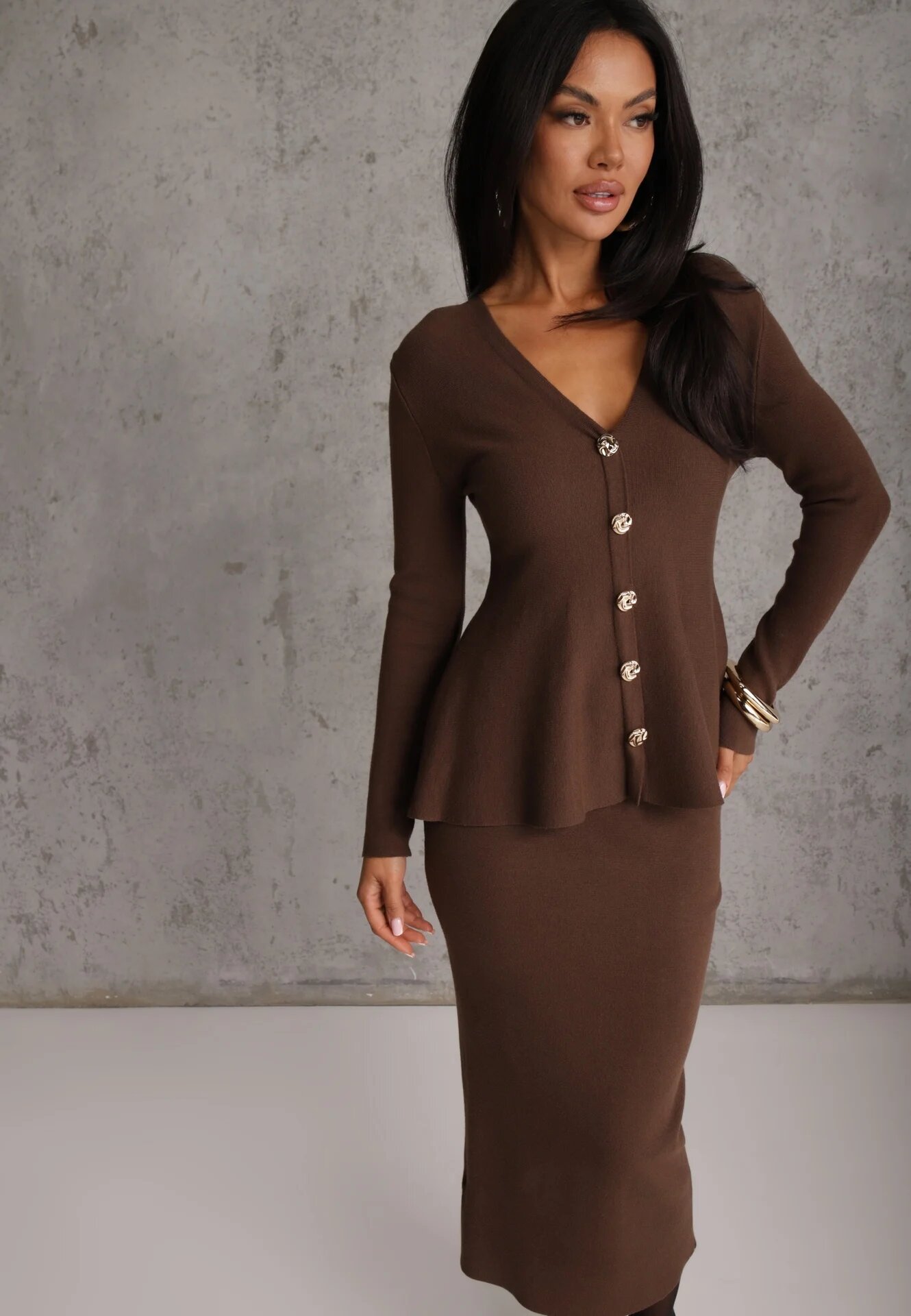 unigirl Compleu Tricotat Maro din Viscoză Elegant Cardigan și Fustă Unalaia